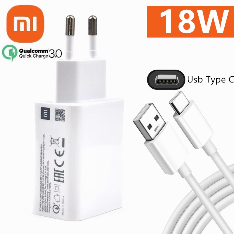 18w Xiaomi Charger Original Fast Charge EU Adapter for Redmi 12 10 12C Poco M3 C40 Redmi Note 9 8 Pro 2A Usb 3.1 Type C Cable. 