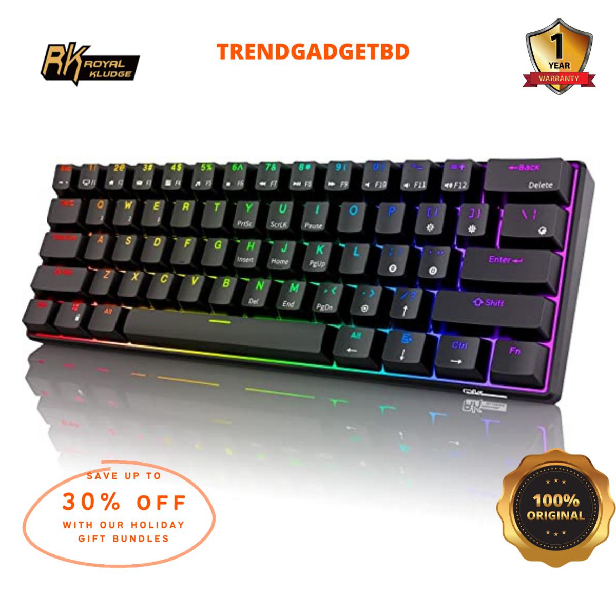 RK ROYAL KLUDGE RK61 DUALMODE WIRELESS/WIRED 60% Mechanical Gaming Keyboard, Ultra-Compact 60 Keys Bluetooth Mechanical Keyboard(SWITCH-BROWN/RED/BLUE)