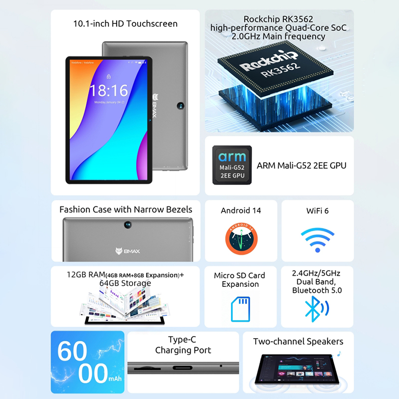 BMAX Kids Tablet I9 Plus Android 14 GPU G522EE 8GB RAM 64GB ROM 10.1 Inch Allwinner RK3562 Quad Core Port Tablets PC WIFI 6. 