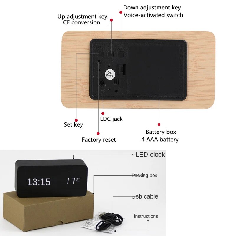 LED Wooden Alarm Clock Digital Bedside Smart Alarm Clocks Electronic Desktop Square Voice Control Table Digital Clock for Room. 