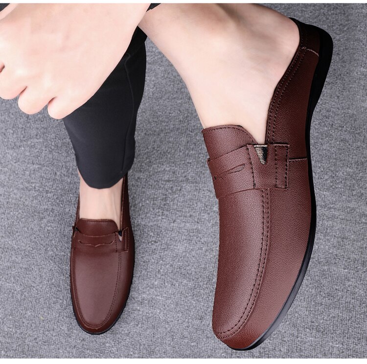 Man New Fashion Cow Split Casual Half Shoe Male Breathable Backless Loafer  Half Footwear Hombre Open Back Leather Comfy Mocassin