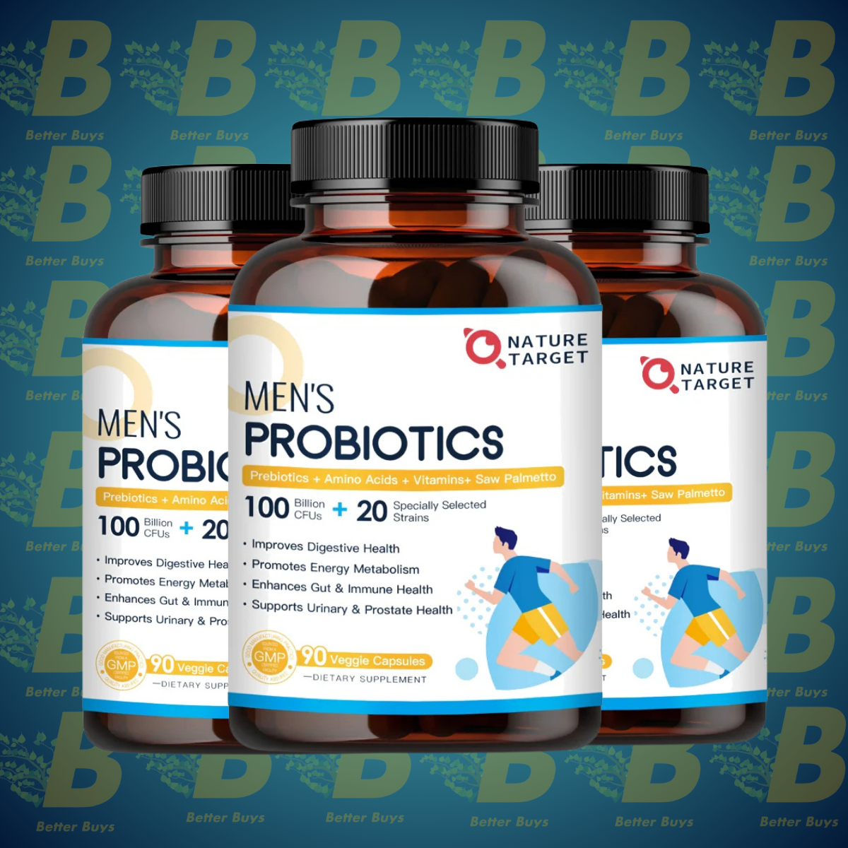 NATURE TARGET Probiotics for Men – 100 Billion CFUs, Enzymes & Prebiotics for Digestive, Prostate & Urinary Health with Saw Palmetto & Cranberry – 90 Veggie Capsules. 