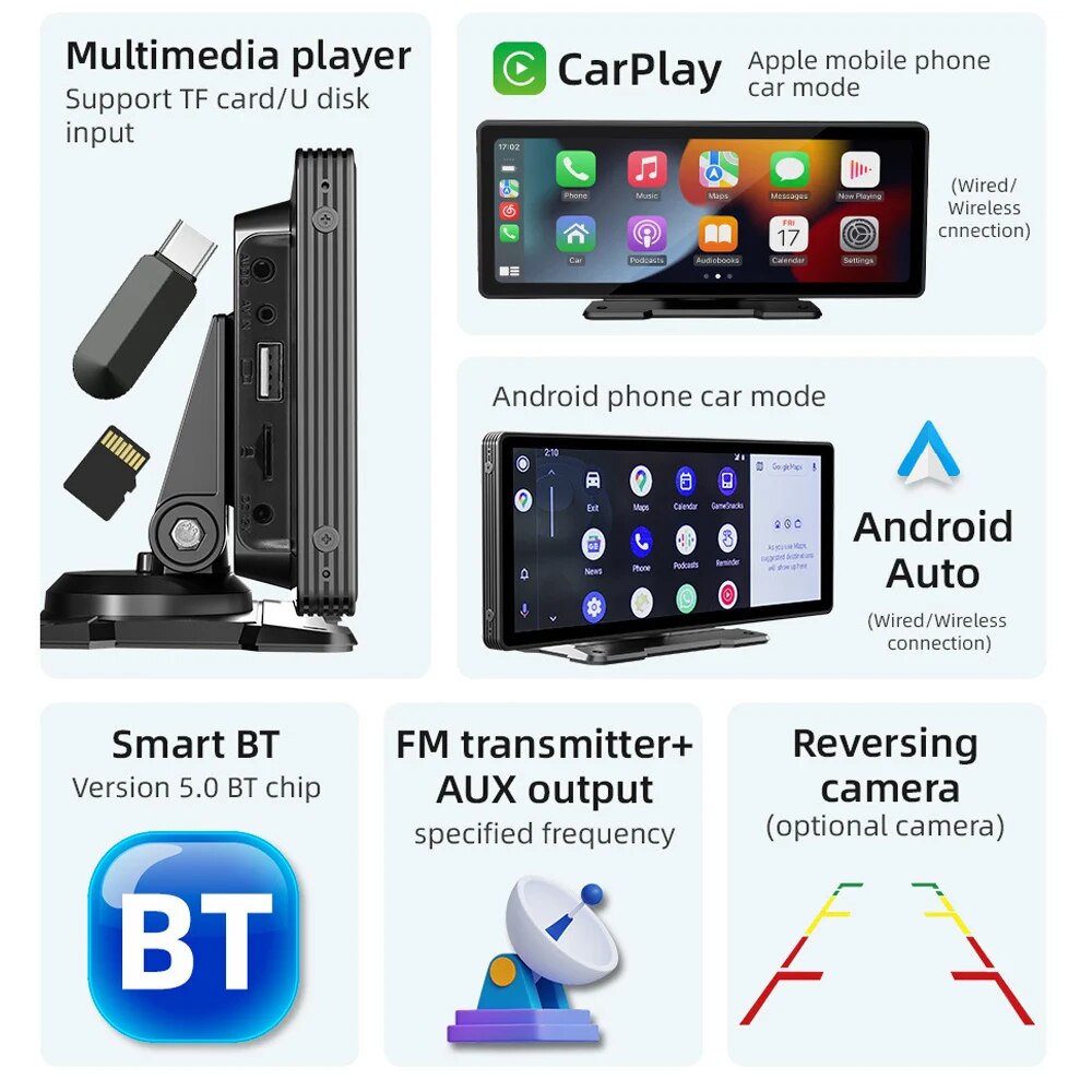 BOENAKI 10.26 Inch Car Wireless MP5 Player Touch Screen Stereo Radio Carplay Android Auto MirrorLink Multimedia Video Monitor. 