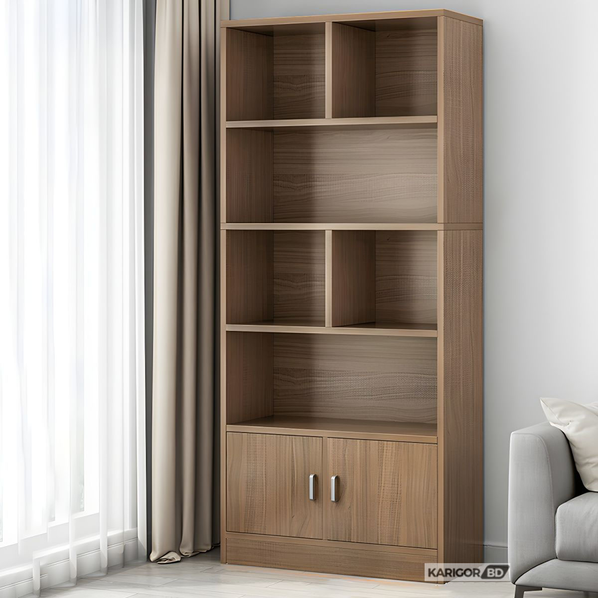 Bibliophile Book Shelf Shelving Stand Display Shelve Engineered Wood Bookshelf Showpiece Rack with Storage Cabinet by KARIGOR BD. 