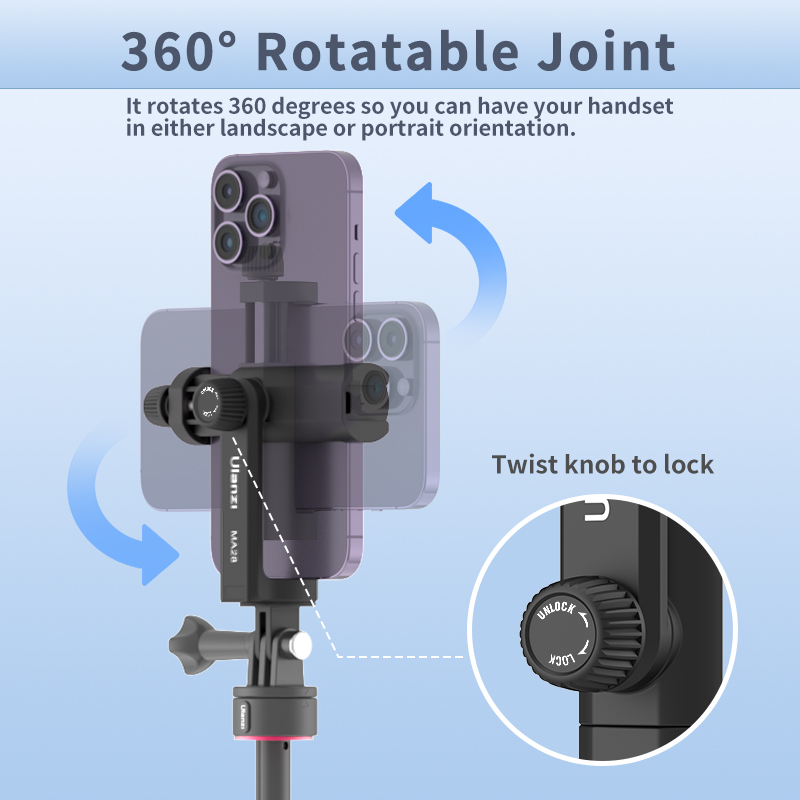 Ulanzi MA28 Phone Stand Clamp Gopro Tripod Mount 360 Rotation Phone Clip with Cold Shoe for Microphone Led Video Vlog Live. 