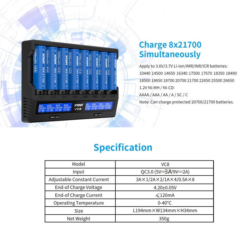 XTAR 18650 Battery Charger VC8=VC4+VC4SL QC3.0 Type C Fast Charger Charging LCD Display Carregador For 21700 20700 18650 Battery. 