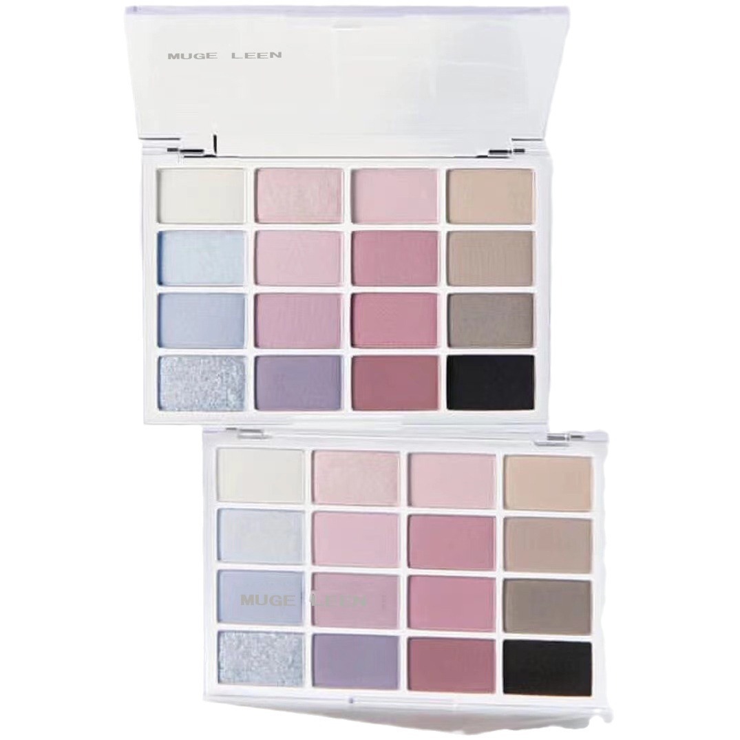 MUGE LEEN AWAKENS THE SIXTEEN-SHADE EYESHADOW PALETTE WITH MATTE PEARLESCENT FINE SHIMMER AND LOW SATURATION EARTHY TONES FOR EVERYDAY EYESHADOW PALETTES. 