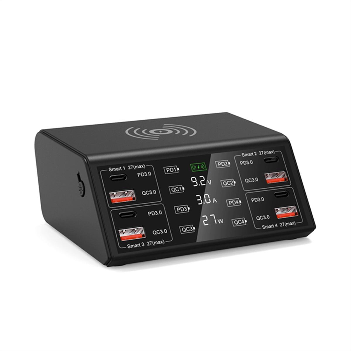 Multi-Port Cell Phone Charger Power Compatible Led Intelligent Digital Display Screen 4-Way Charger Black ,with US Plug