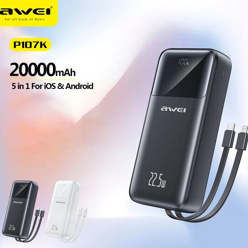 AWEI P107K 20000mAh 22.5W Fast Charging Digital Display Built-In Type-C &  Lightning Cable Power Bank | Daraz.com.bd