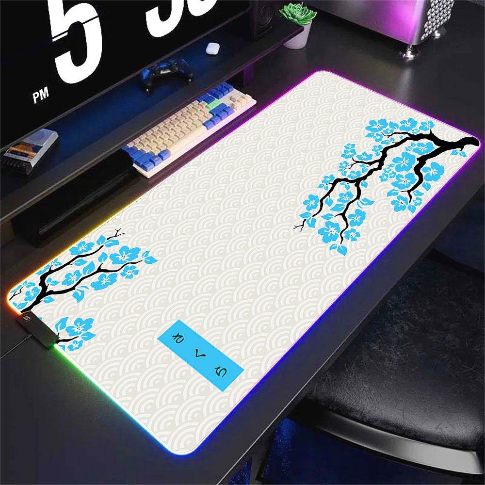 Green and White Sakura Rgb Mouse Pad Gaming Setup Accessories Computer Mat 90x40 Pc Gamer Keyboard Extended Backlight Mouse Mats. 