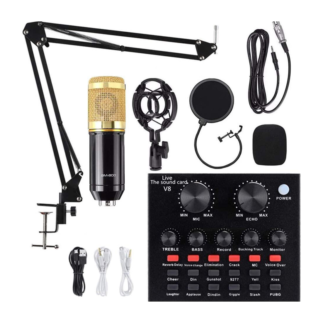 BM 800 Microphone & V8 Sound Card-Singing Broadcast Condenser Recodingg Studio light ,Live Music, TikTok, live Facebook for phone Computer audio Entertainment Sound Re_cording Microphone & Sound card. 