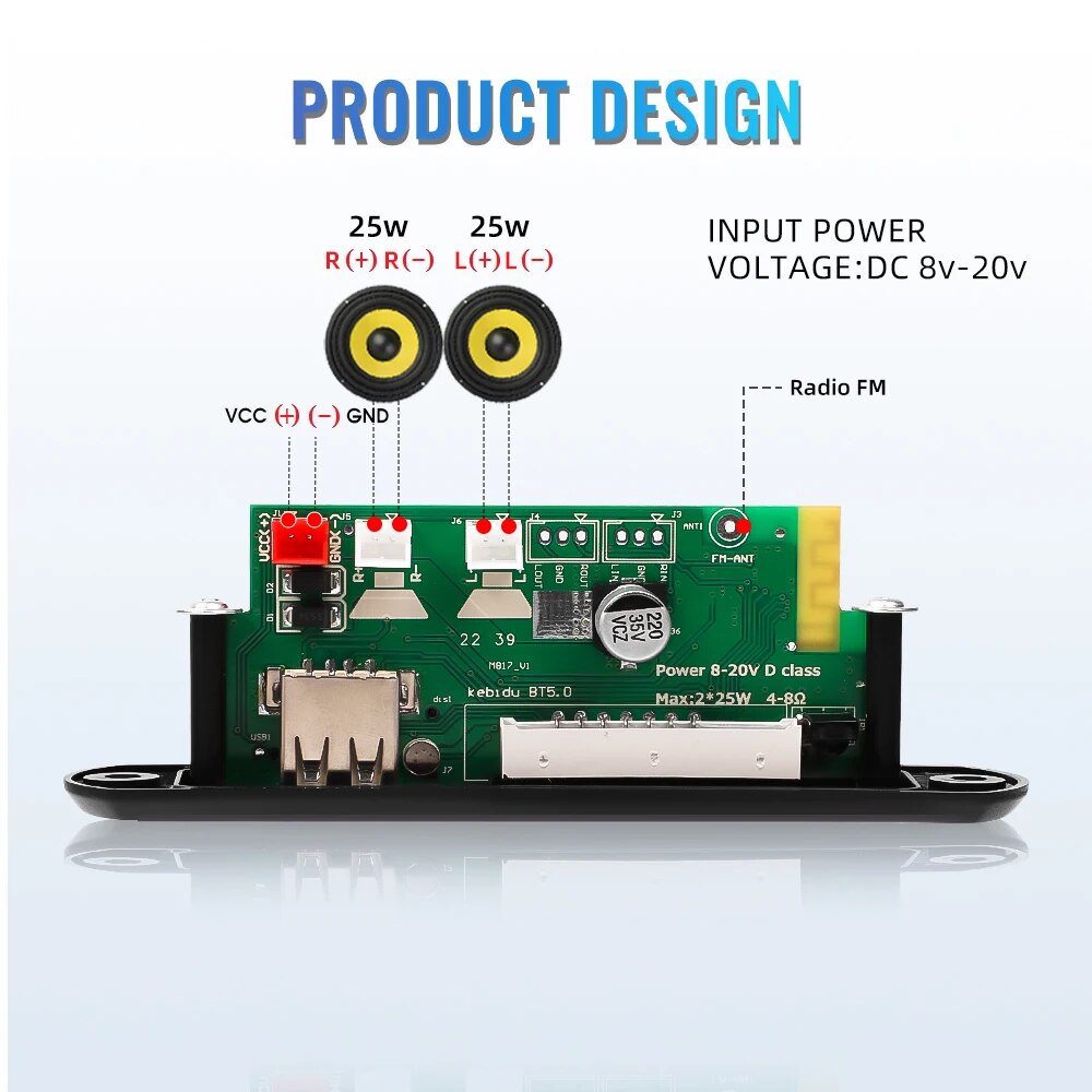 50W 25W Amplifier Bluetooth 5.0 DIY MP3 WAV Decoder Board DC 9V 12V 18V Wireless Car USB MP3 Player TF Card Slot USB FM with Mic. 