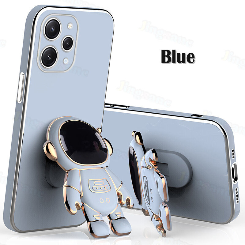 Back cover For Xiaomi Redmi 12 Phone Case Luxury Astronaut Foldable Stand Soft Silicone TPU Electroplating Straight Edge Casing Shockproof All-inclusive lens With Bracket Back Cover xiaomi redmi 12