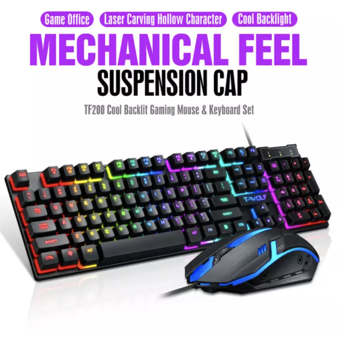 T-WOLF TF200 Rainbow LED Gaming Keyboard And Mouse Combo Bundle