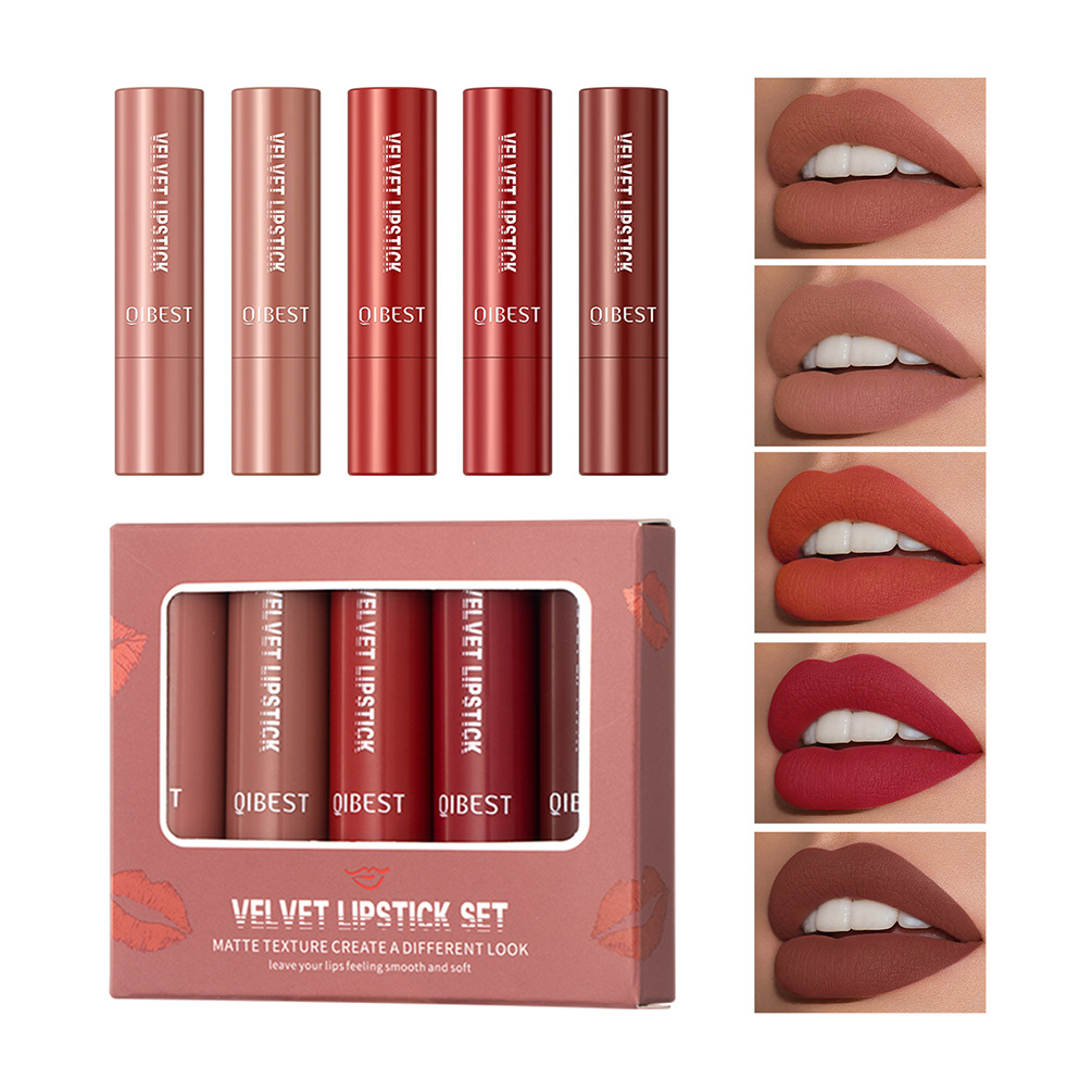 QIBEST Matte Velvet Matte Lipstick Set Non-sticking cups, non-fading, easy to color, moisturizing, long-lasting lipstick makeup. 