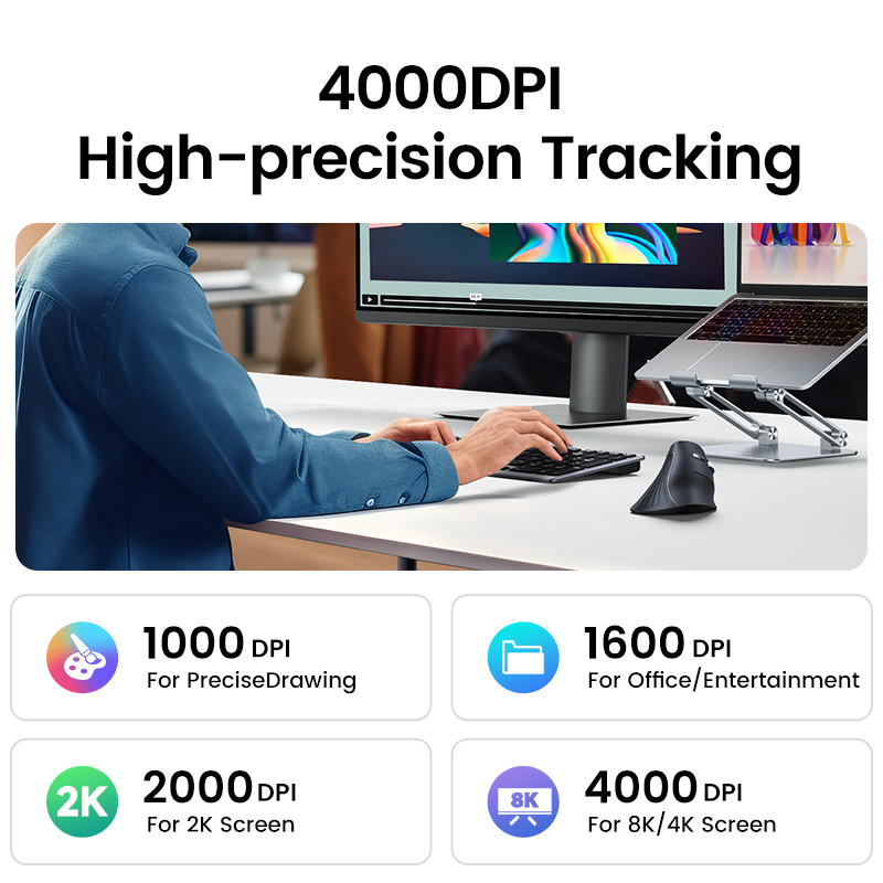 Ugreen MU008 Multi-mode Vertical Mouse - Black/White - UGREEN Vertical Ergonomic Mouse -  Wireless Dual Connectivity with Bluetooth and 2.4G - 4 Levels Adjustable DPI - Wide Compatibility and Flexibility. 