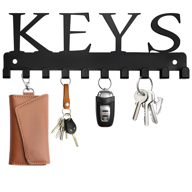 Key Holder Wall Mount, Black Key Hanger Wall Decorative Key Rack Organizer Metal Keychain Holder with 10 Key Hooks Easy Install Easy to Use. 