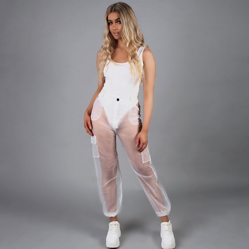 Women Transparent Pants Mesh Fashion Summer Breathable Decorative Loose Trousers Avant-Garde Clothing Sheer Pants. 