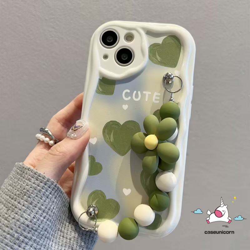 For Realme C55 C53 C31 C20 C30 C15 5 7i 9i 5i 6i 5s C25 C11 C51 C25Y C21Y C35 C33 C25s C21 C12 C17 C1 C20A C3 Retro Oil Paint 3D Wavy Curved Edge Case With Bead Flower Hand Strap Bracelet