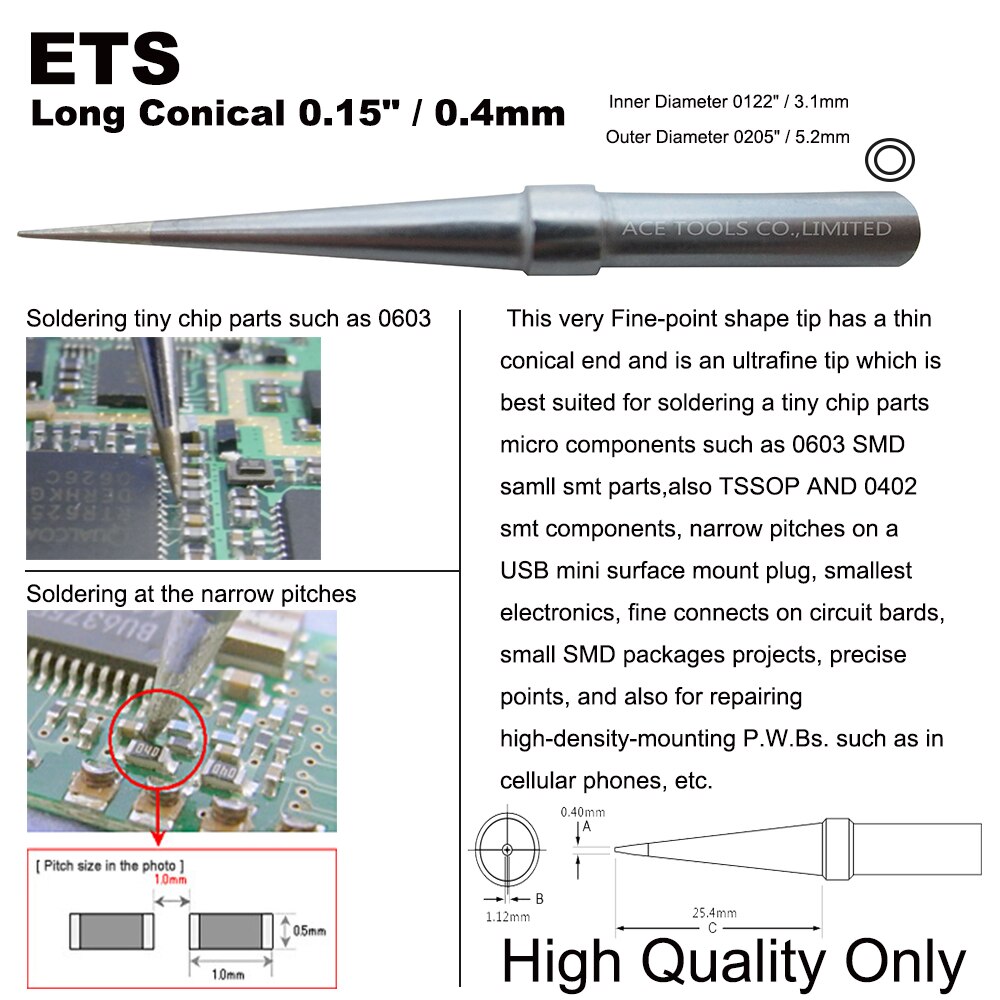 Soldering Tip ETS Conical 0.4mm Fit WELLER WES51 WES50 WESD51 WE1010NA WE1010EU PES51 PES50 LR21 LR20 Pencil Handle Iron Bit. 