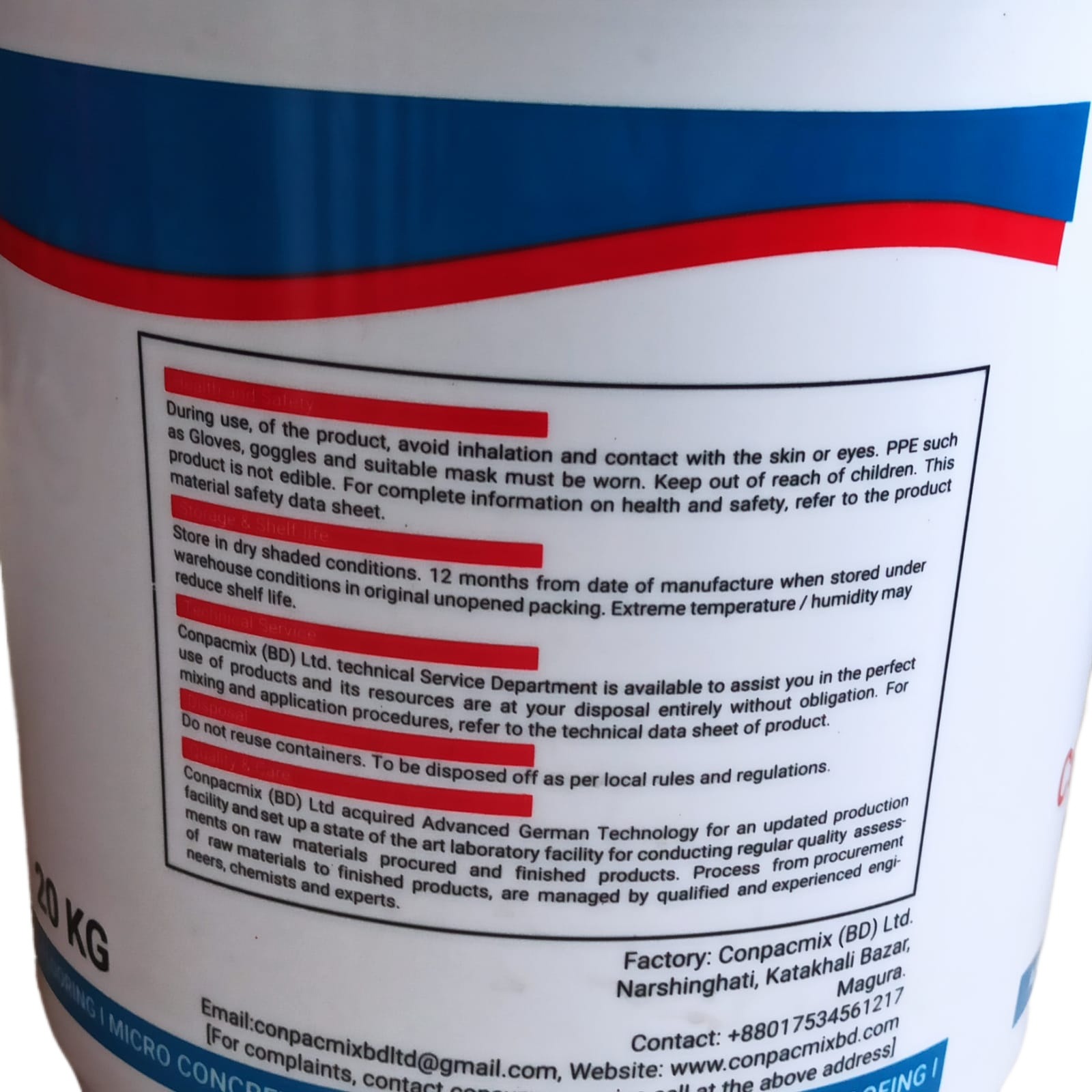 Construction chemical point seller "BP-MegaAdd WL1" Integral Waterproofing Admixture for concrete and mortar color druck brown. 