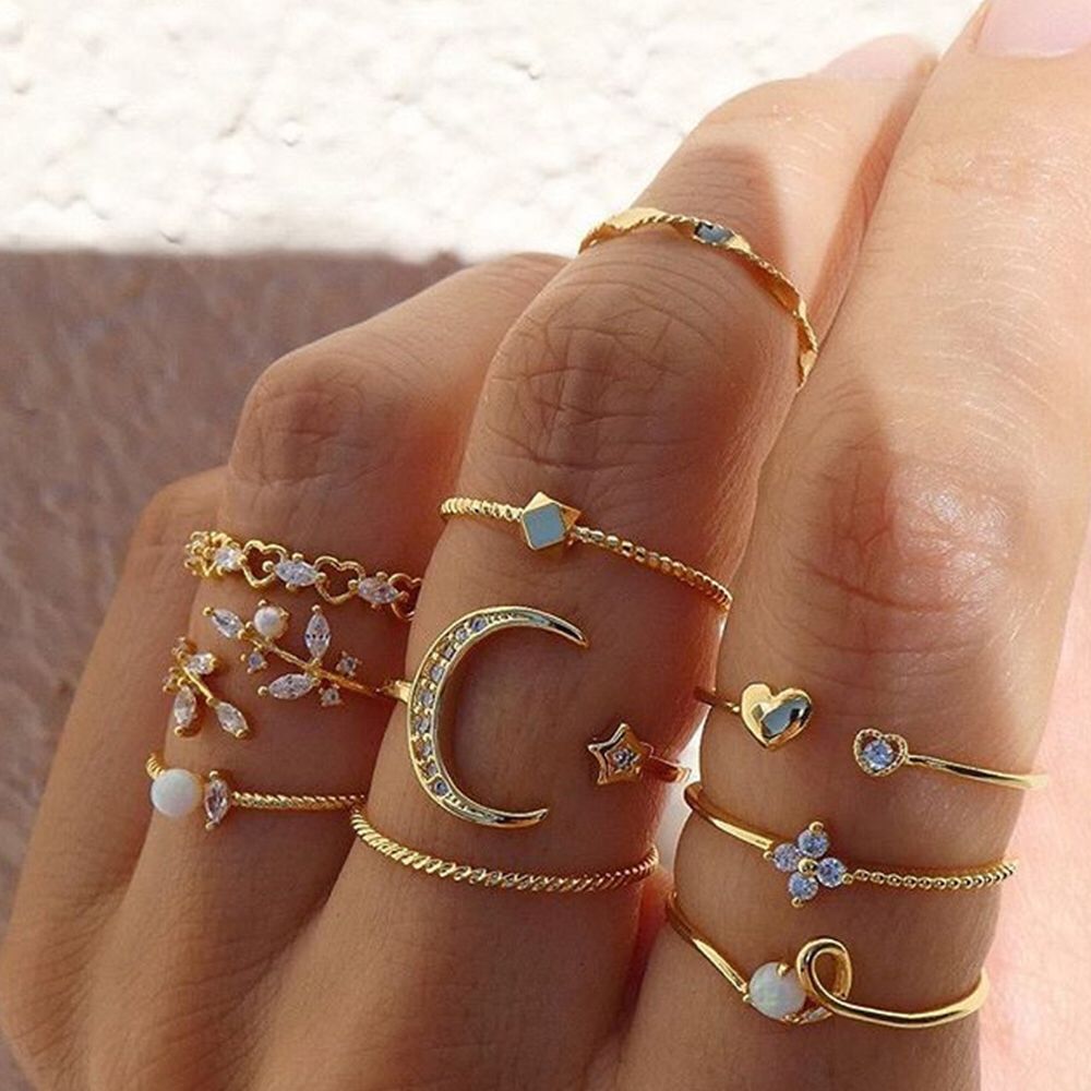 10 Pcs/set simple golden color regular size finger ring for women - Main Image