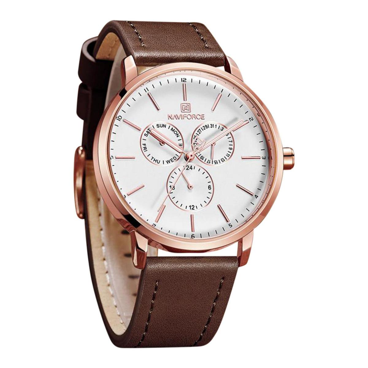 NAVIFORCE NF3001 DARK BROWN PU LEATHER CHRONOGRAPH WATCH FOR MEN DARK BROWN ROSEGOLD Daraz .bd