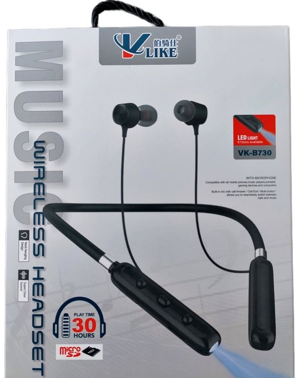 {New} (FREE) Brand VK-Like, VK-B730 premium quality Bluetooth Neckband with 30 hours play time and only 2 hours charging (Type-C) contains 3 options for white LED light & super durability and supports micro sd card