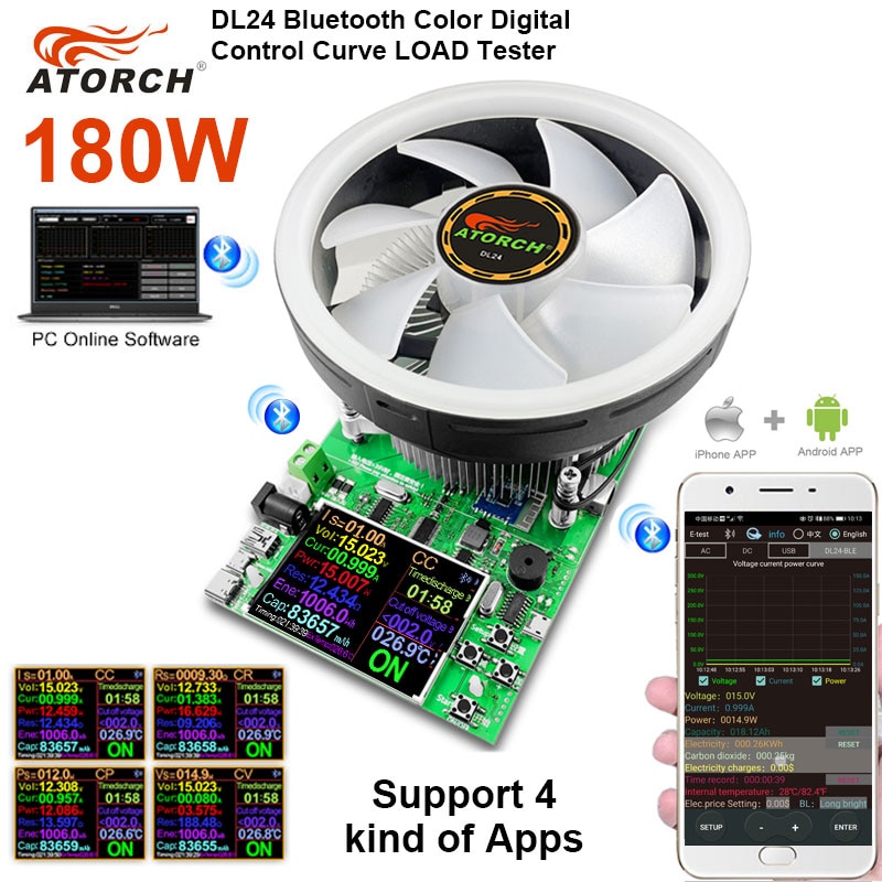 180W DC tester APP electronic load lithium battery capacity monitor discharge charge power meter supply checker + PD/QC Trigger. 