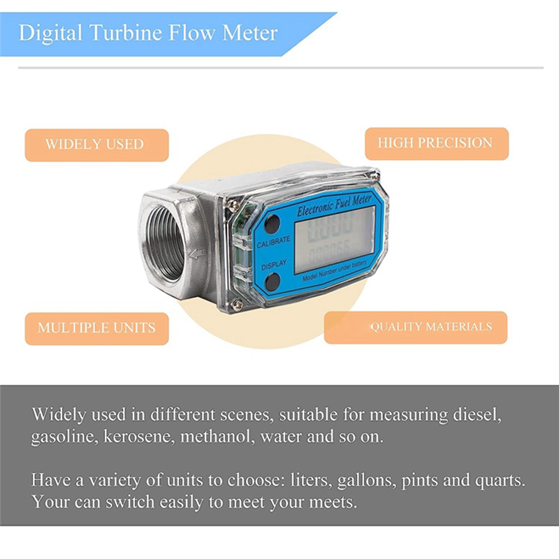 1.5 Inch Digital Turbine Flow Meter LCD Display Fuel Water Flow Meter, Flowmeter for Diesel Kerosene Gasoline Water. 