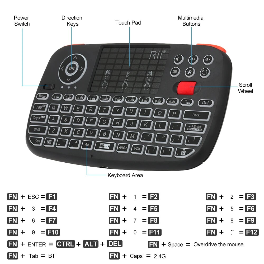 Rii i4 Mini Bluetooth Wireless Keyboard With Touchpad 2.4GHz Backlit Mouse Remote Control For Windows Android TV Box Smart TV. 