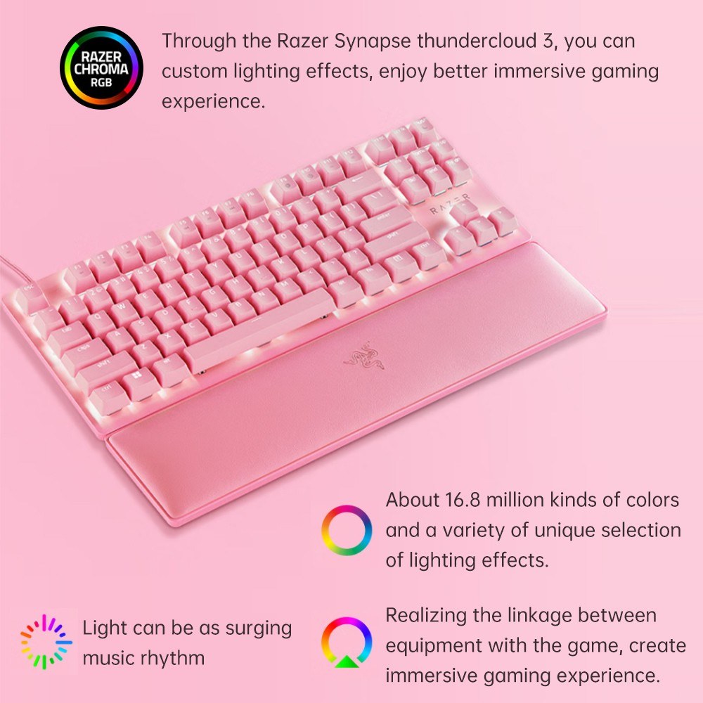 Razer V2 87 key RGB mechanical keyboard with wrist rest - pink. 