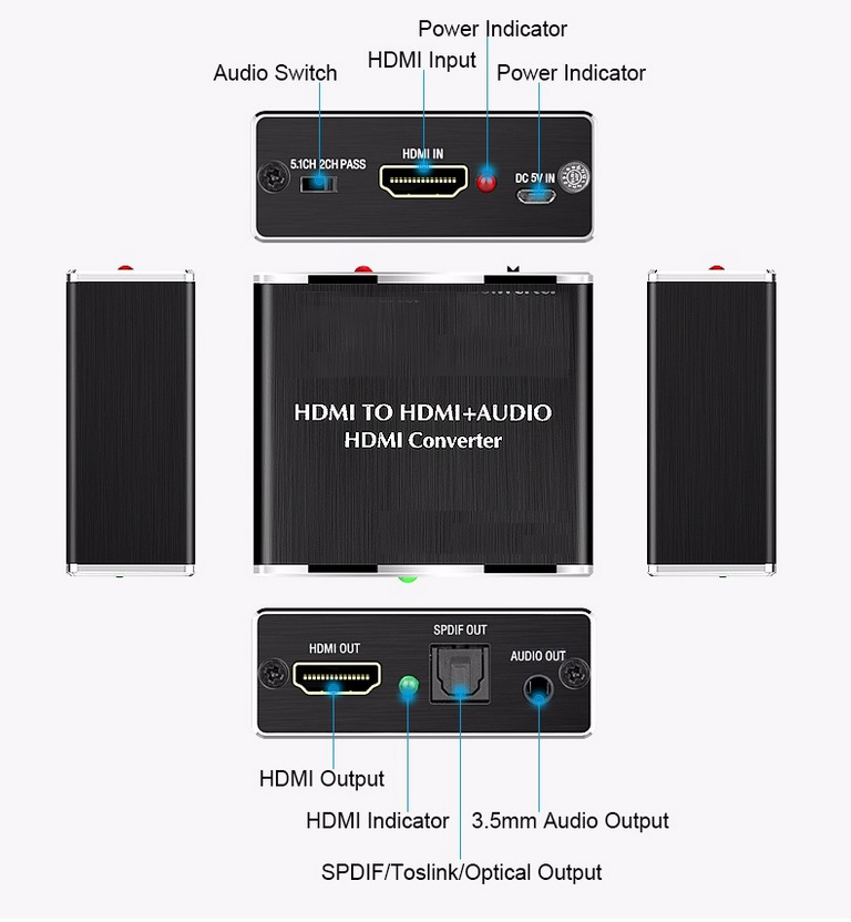 RD HDMI Audio Extractor HDMI to HDMI Optical TOSLINK SPDIF + 3.5mm Stereo Extractor Converter HDMI Audio Splitter Adapter. 