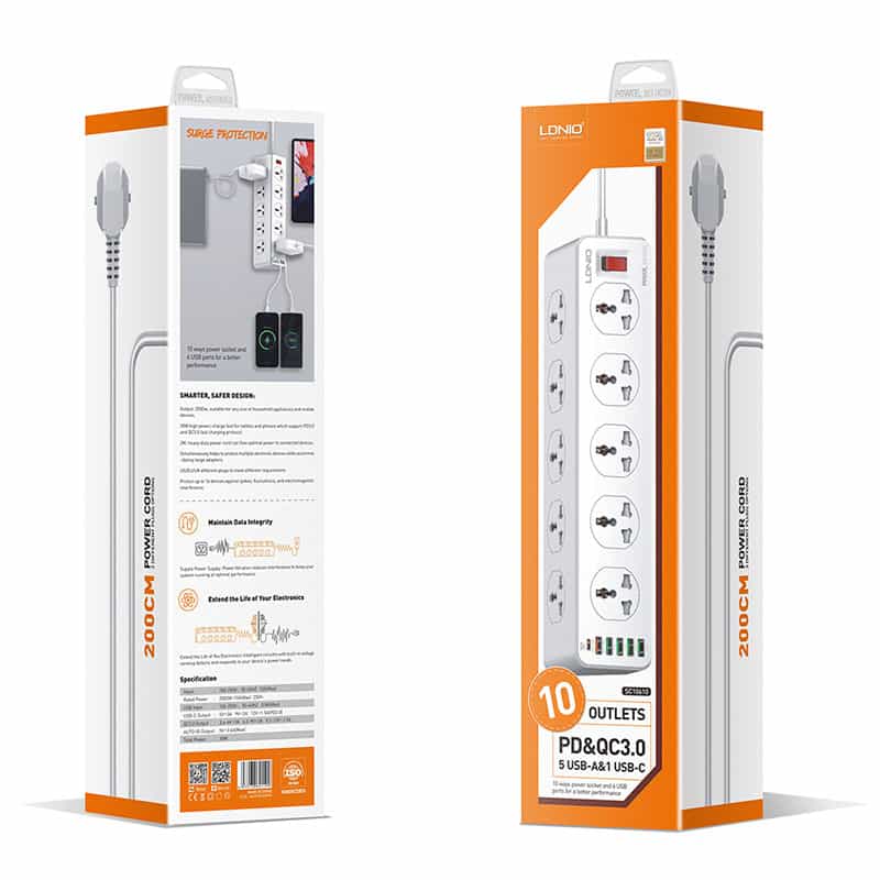 LDNIO SC10610 2500W 10 Sockets + Type-C PD + QC3.0 6 USB Ports Power Strip Adapter
