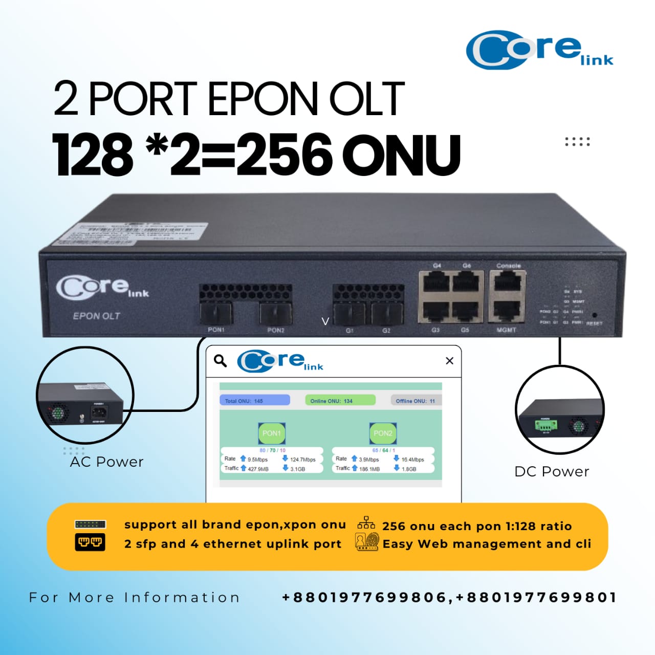 Corelink 2 Port Single Power EPON OLT 1:128 Compatible