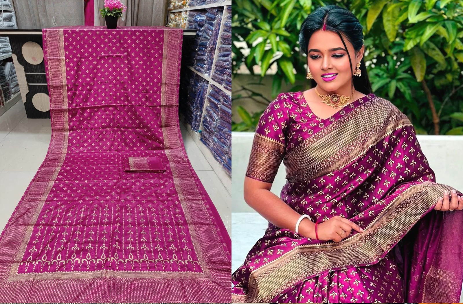 Durga pujar Japanese Soft Silk Sari with Blouse Piece for Women. 