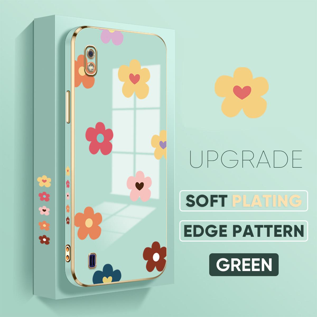 Jizetin (Free Lanyard) for Samsung Galaxy A10 Back Cover Falling Flowers Luxury 6D Plating Case Side Pattern Soft Silicone Square Mobile Phone Cases