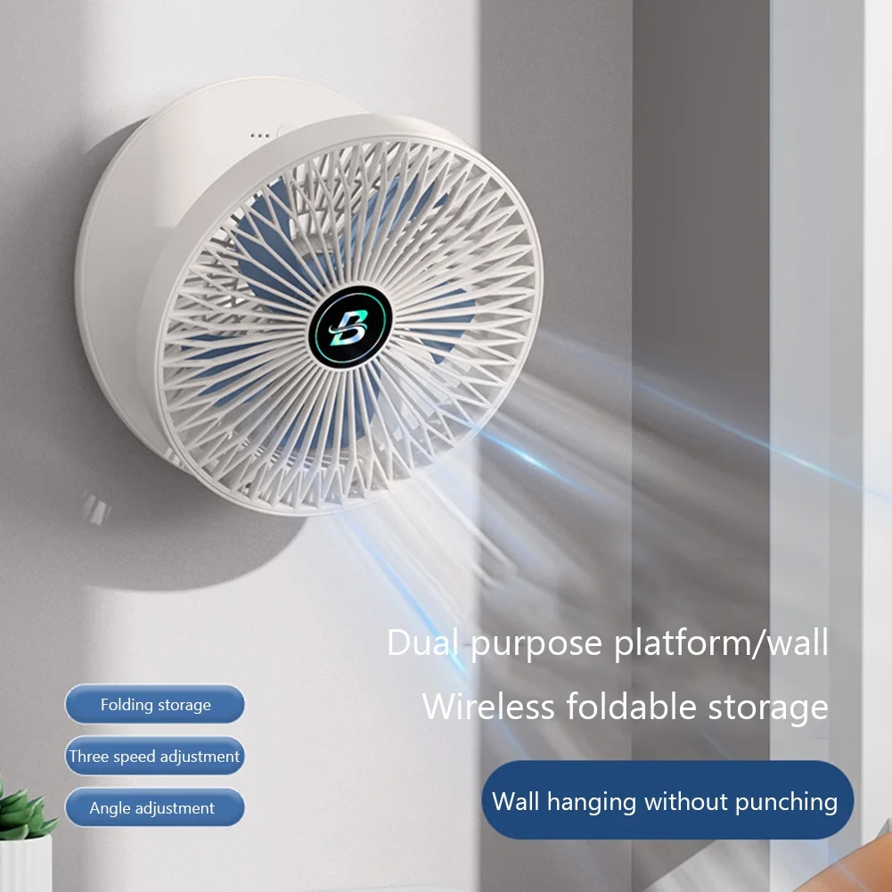 5W 5V 1200mAh Table Wall Mounted Cooling Fan Without Punching Holes USB 3 Gears Adjustable Bionic Seagull Blade Easy to Clean. 