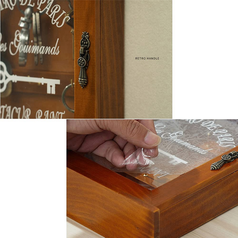 Wooden Key Box, Retro, Wall, Key Cabinet with Magnetic Door, Solid Wood Storage with 6 Hooks Easy Install Easy to Use -B. 