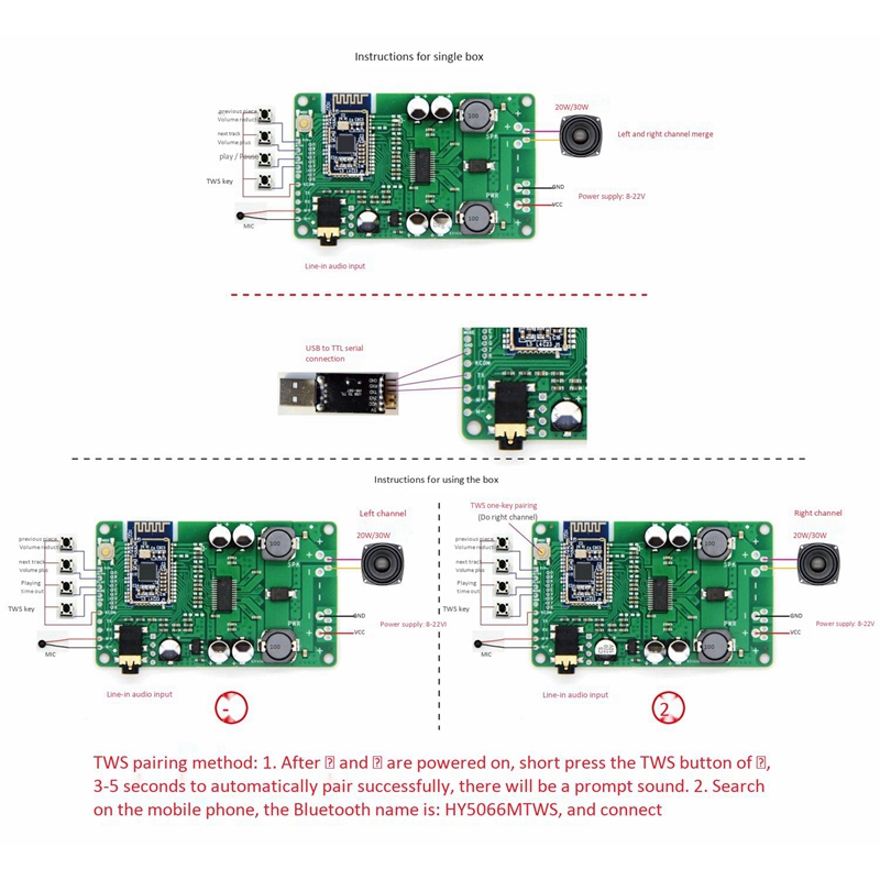 TWS TPA3118 Amplifier Audio Board AUX 30W 5.0 Bluetooth Receiver APTX. 