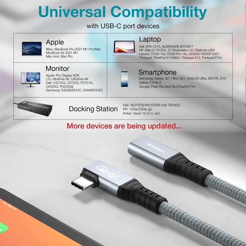 Thunderbolt 3 4 Extension Cable USB C 90 Degree 40Gbps 100W Right Angle Displayport Extender Elbow Wire Type C USB4 Extend Cord. 