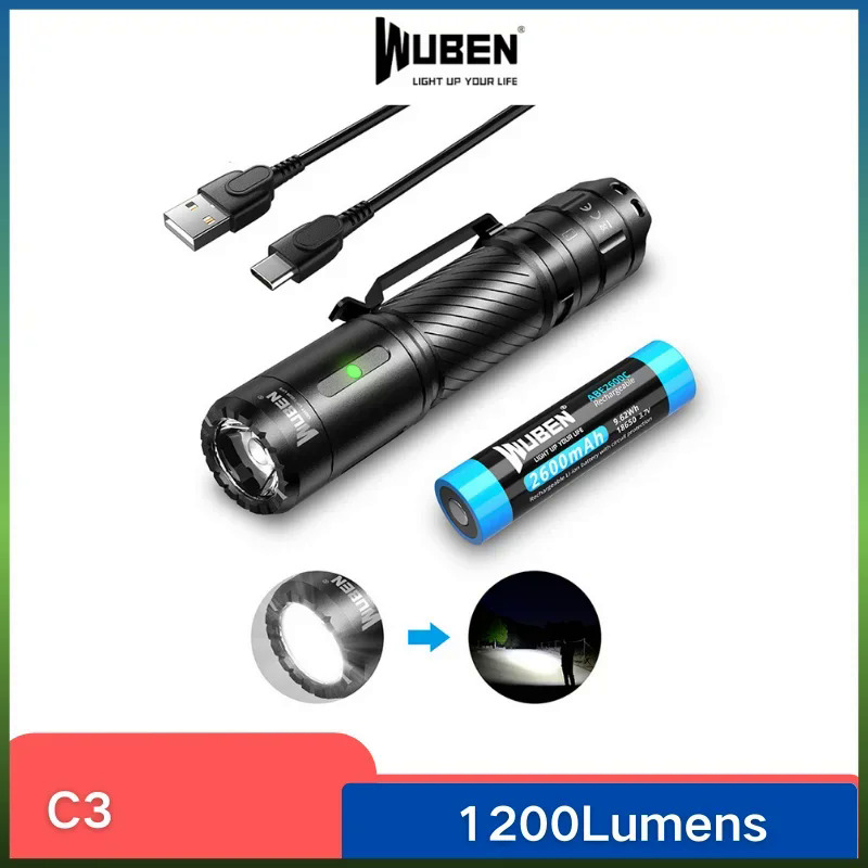 Wuben C3 type-C rechargeable LED flashlight high-powerful Troch light 1200lm with battery Waterproof camping lantern