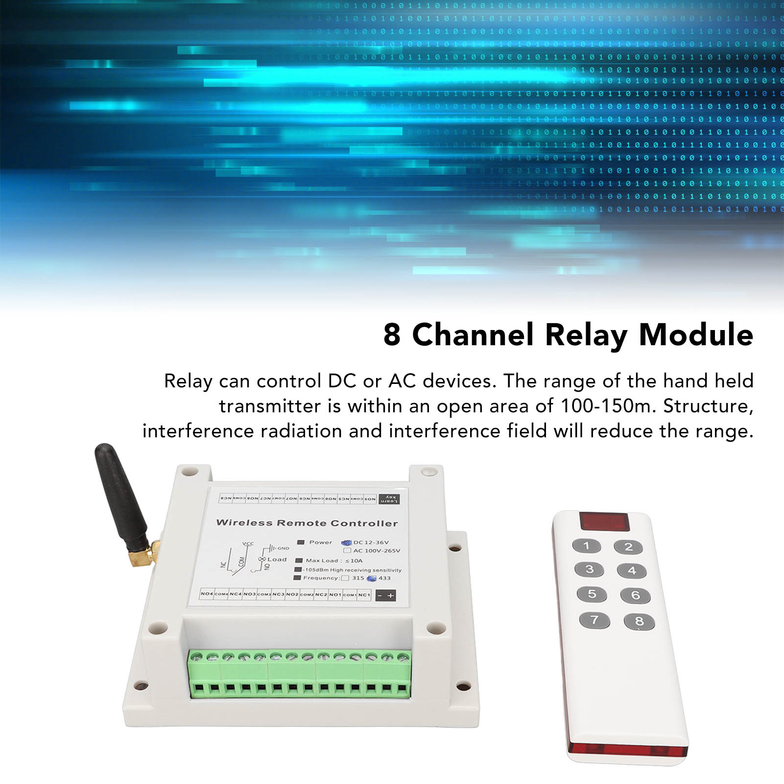 8 Channel Relay, Relay Module 8CH 10A DC 12V-36V with Remote Control for Industrial Automation. 