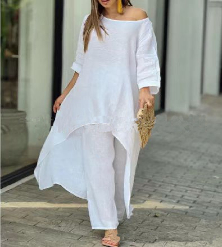 Ladies Spring fall New women clothing cotton linen casual loose irregular long sleeve suit ladies wide leg pants two piece women's sets