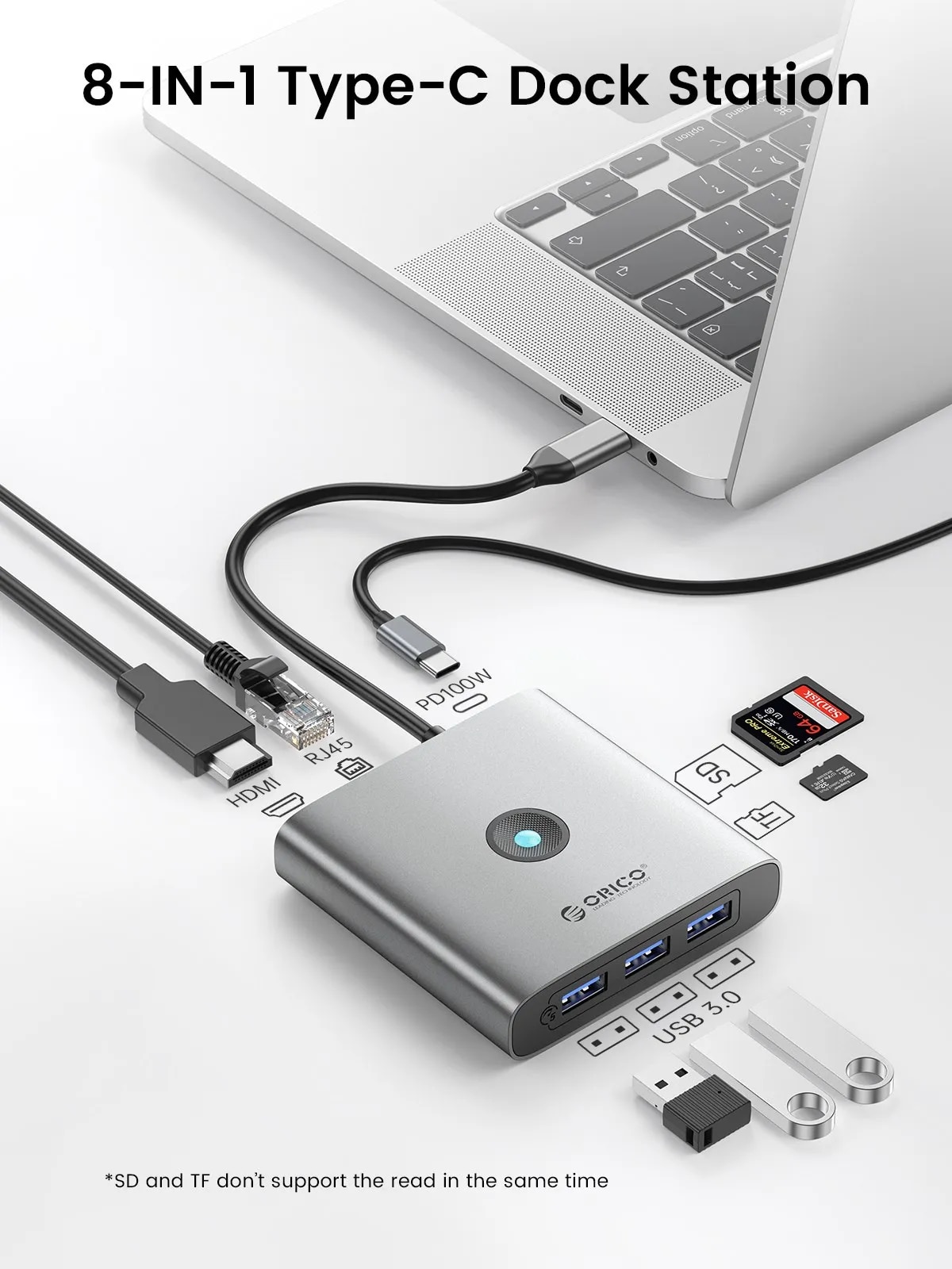 ORICO USB 3.0 Adapter HUB Type C to 4K60Hz HDMI-Compatible Docking Station RJ45 PD Splitter For MacBook iPad Laptop Accessories. 