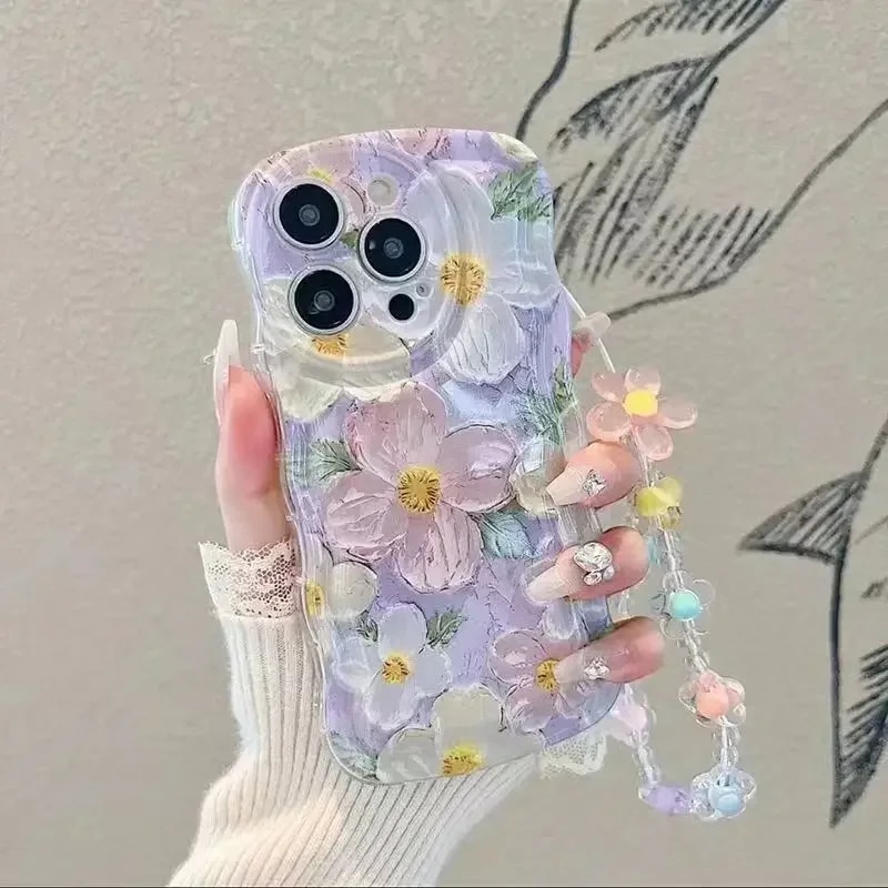 Flowers Painted Kawaii Girl Phone Case for iPhone 14 13 12 11 Pro Max Mini X XS XR 6 7 8 Plus Korean Y2k Back Cover with Strap Alien Alien. 