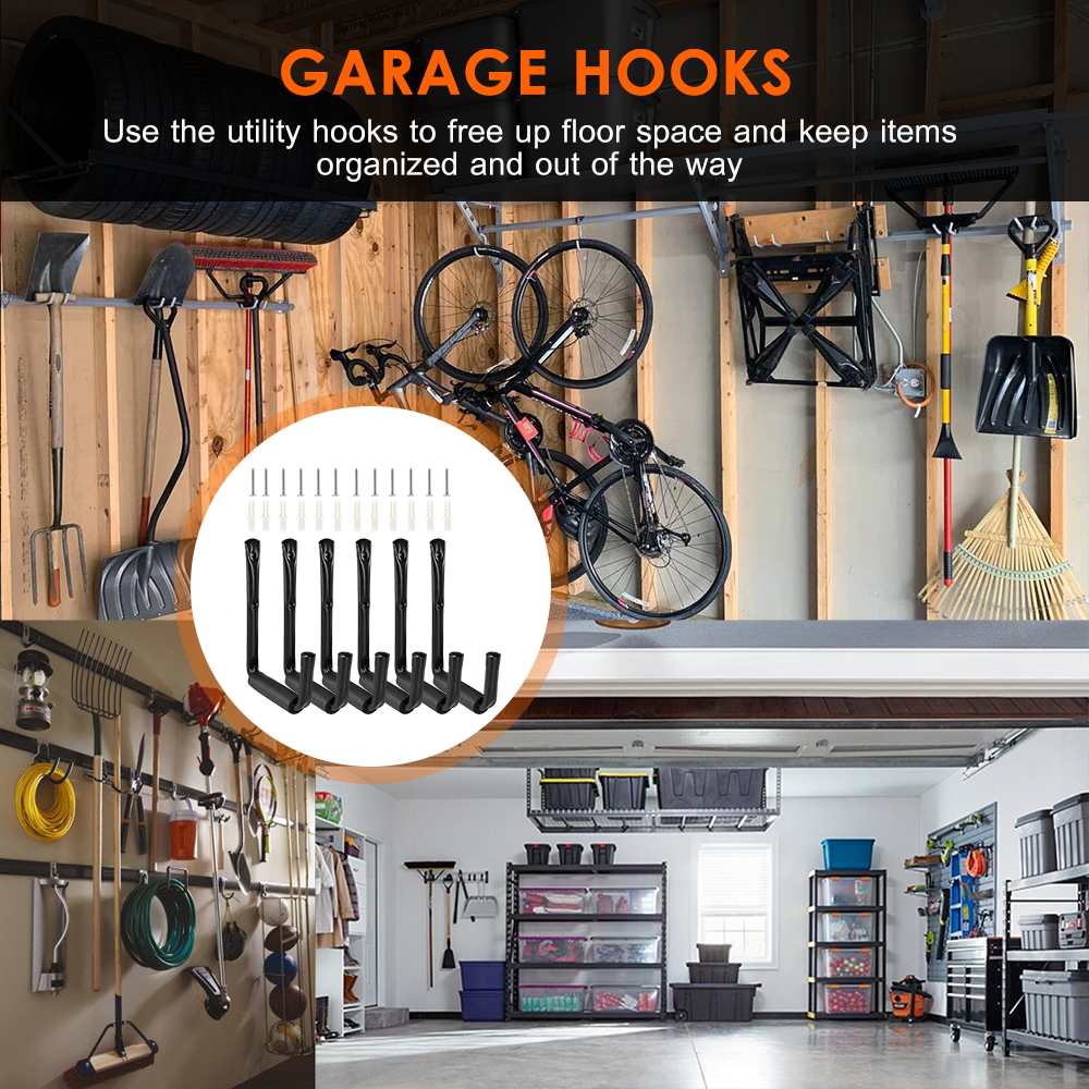 Heavy Duty Garage Hooks Storage Utility Hooks Wall Mounted Kayak Hooks Hangers Organizer with Screws and Wall Anchors (6Pcs Black Small J Hook). 