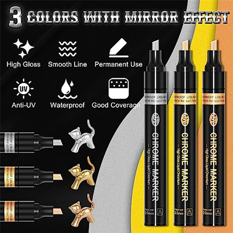 Metal Pen Reflective Paint Pen 3 Colors Permanent Metallic Markers, 2-3mm Larger Application Area, High Gloss, Waterproof. 