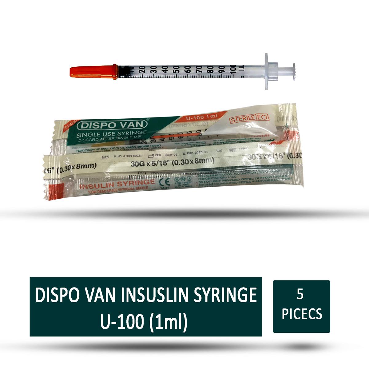 5 Pieces Dispovan 1 ml Insulin Syringe U-100 Needle size 30GX5/16”/ 0.30 X 8 mm for single use Insulin syringes.