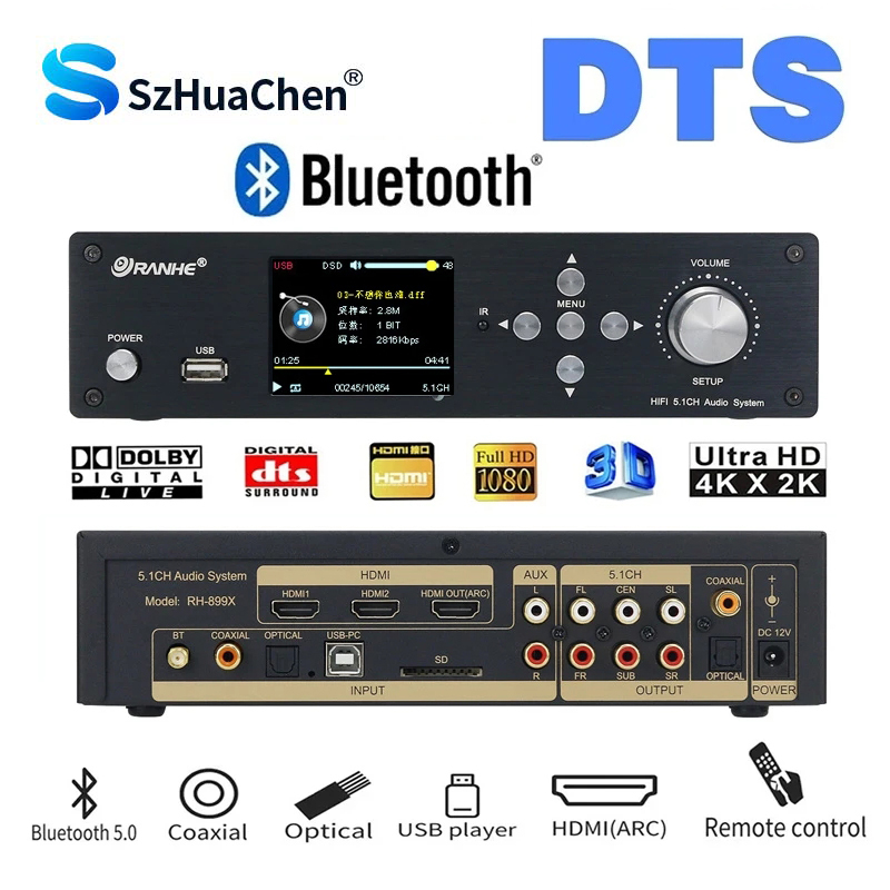 DTS Dolby Digital 5.1 Decoder Digital to Analog Audio Converter HDMI2.0 Switch SPDIF Coaxial Bluetooth5.0 ARC PC-USB Drive Input